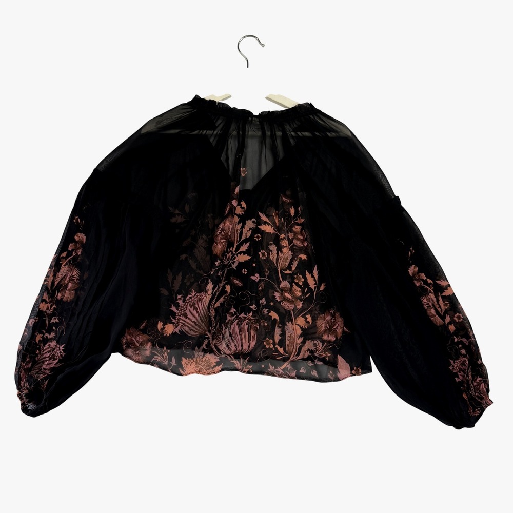 Anthropologie Womens Black Copper Dark Floral Sheer Balloon Sleeve Blouse Size M - Picture 4 of 10